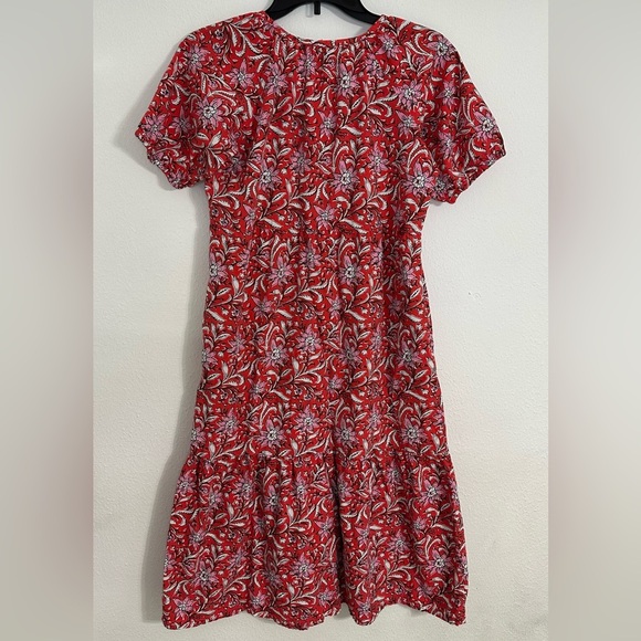 LOFT Red and White Boho Preppy Floral Tiered Ruffled Midi Dress with V-Neck - Picture 8 of 14
